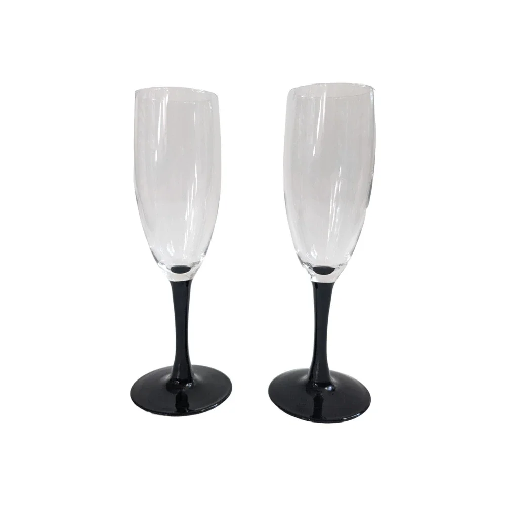 Vintage Black Stem Champagne Glasses, Set‎ of 2, 80's Art Deco Barware